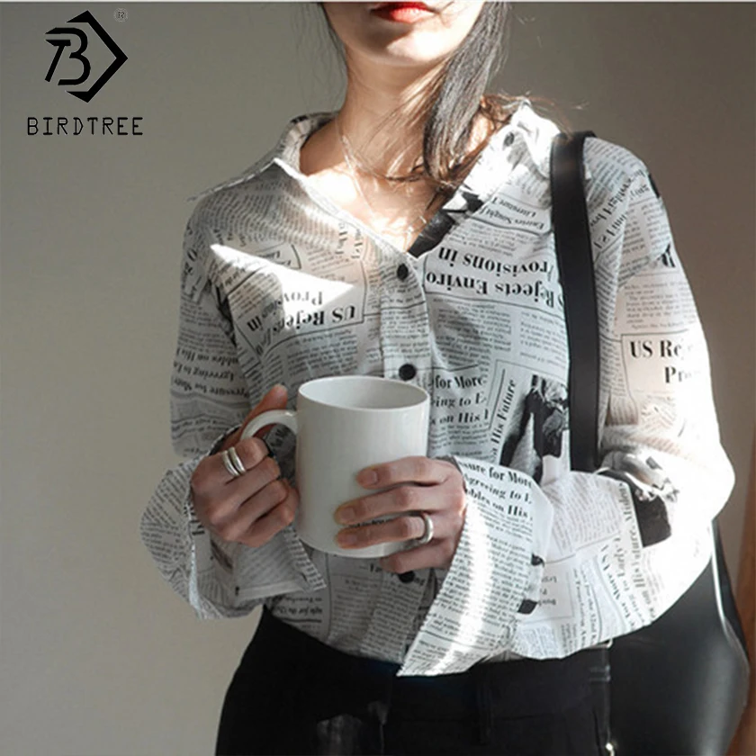 Najtaniej 2019 gazeta druku koszula skręcić w dół kołnierz dorywczo luźne biuro Lady Top z długim rękawem moda fajna napisy Femina Blusa T91012R