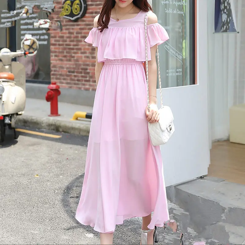 

Fashion Pink Solid Chiffon Beach Dress Women 2019 Summer Off shoulder Short Sleeve Big swing Dresses Female Vestidos Mujer
