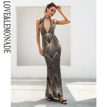 

LOVE & LEMONADE Black Gold Geometry Cut Out Collar Long Dress LM1062