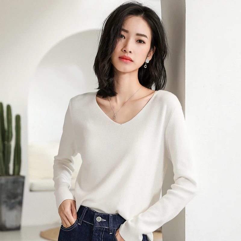 

Women Sweaters Hot Sale Cashmere and Wool Knitted Jumpers Ladies Vneck 6Colors Standard Clothes High Quality Woolen Female Tops