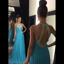 Lang Blau Prom Kleider 2017 Halter Perlen mit Strass Eine Linie Chiffon-Backless Formale Abend-partei-kleid vestido de festa
