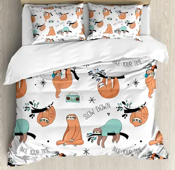 

Sloth Duvet Cover Set Pattern with Cute Hand Drawn Sloths on Branches Laziness Mood Quotes Fun 4 Piece Bedding Set