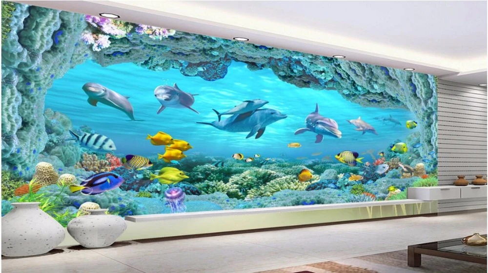 カスタム壁画3d壁紙イルカ魚サンゴ家の装飾の絵3d壁の壁画の壁紙リビングルームの壁3 D Wallpapers For Living Room 3d Wall Murals Wallpaper3d Wallpaper Aliexpress