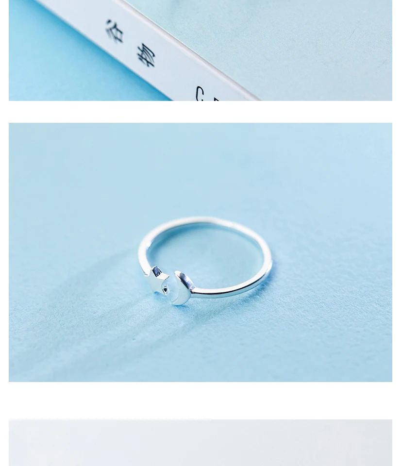 New Fashion 925 Sterling Silver Adjustable Crescent Moon and Tiny Star Rings for Women Girls Sterling Silver Jewelry Wedding (2)