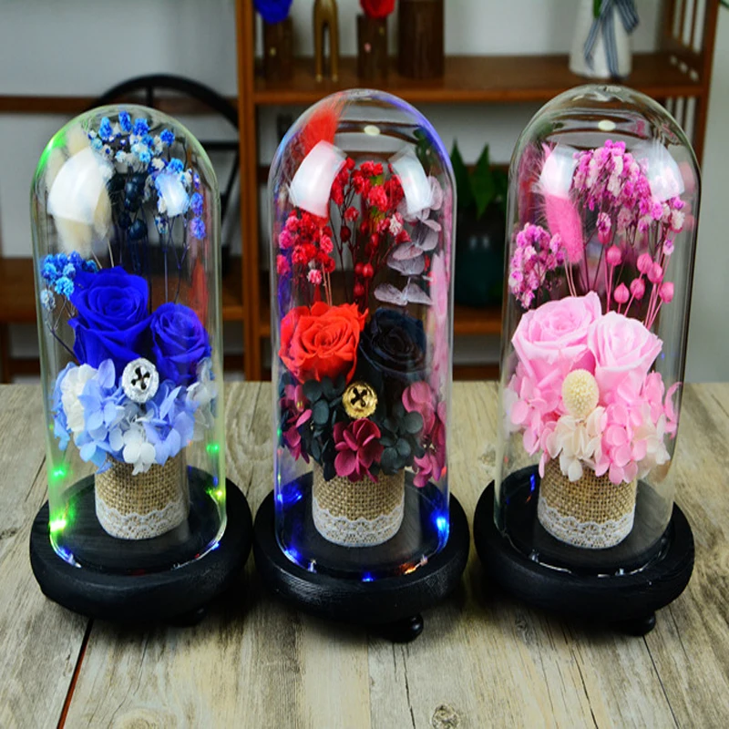 Tampa de Vidro Flor com Luz Candeeiros de Mesa para Decoração de Casa Casamento Decoração Fresco Preservado Rose Led Corda Bela Levou 1 High Quality Luzes e Iluminação