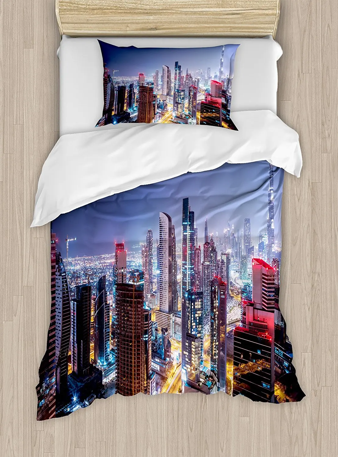 City Duvet Cover Set Nighttime at Dubai Vivid Display United Arab