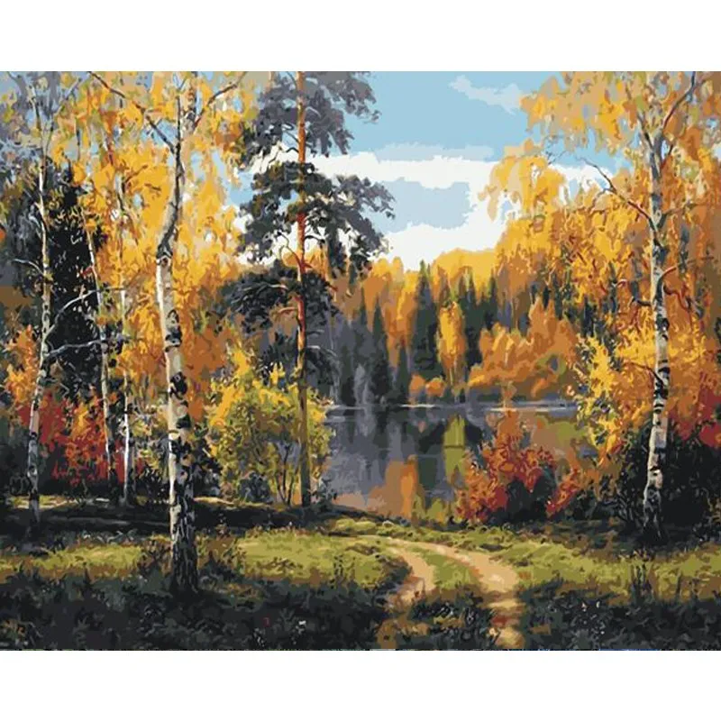 

Painting By Numbers DIY Dropshipping 50x65 60x75cm Yellow golden autumn river Scenery Canvas Wedding Decoration Art picture Gift