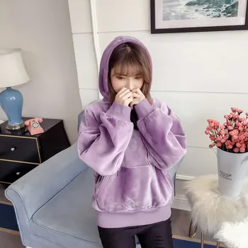

Women Pleuche Hooded Hoodies Smooth 2020 Spring New Velvet with Cap Short Female Loose Tops