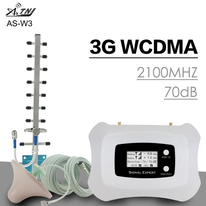 

ATNJ WCDMA 2100Mhz Signal Repeater Boost 3G Network 3G Talk Voice LCD Display Coverage 300 Sqm Cell Phone Signal Booster Antenna