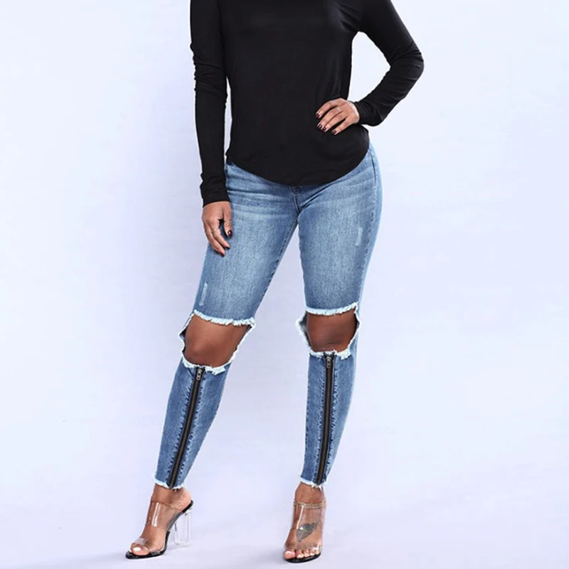 2019 рваные high street sexy джинсы Для женщин Высокая Талия тощий карандаш Синий джинсовые штаны до колена на молнии тянущиеся джинсы Для женщин