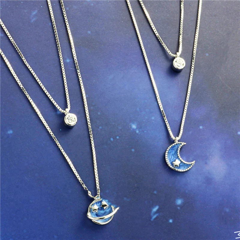 planet moon double line CZ necklace woman 100% 925 Sterling silver nacklace Jewellery Clavicle chain pendant charms gift