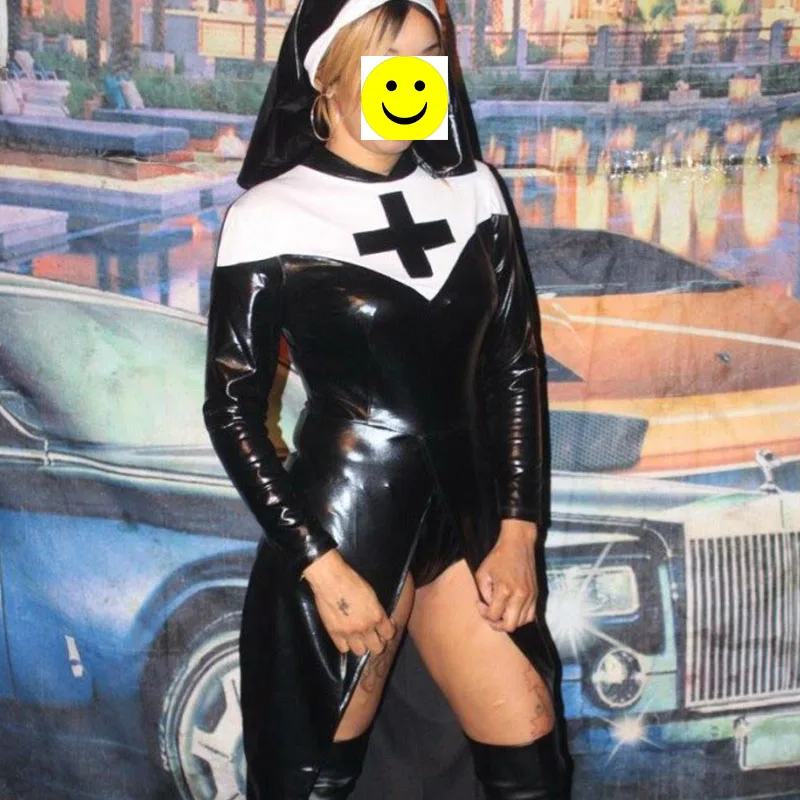 Черный виниловый кожаный Nun костюм сексуальный косплей католический монах маскарадный костюм сексуальные Saintlike Соблазнительные костюмы на Хэллоуин для женщин
