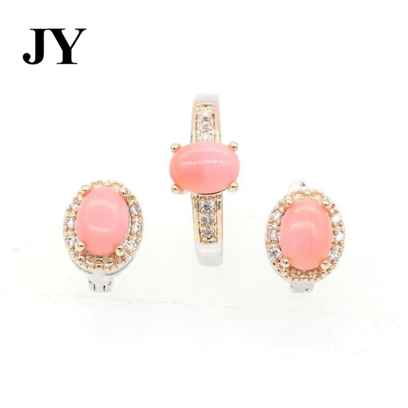 

JY Fashion Gold Double ColorRed/Pink Coral Stone Jewelry Set For Women Charm Coral Party Earring Woman Cute Ring Birthday Gift