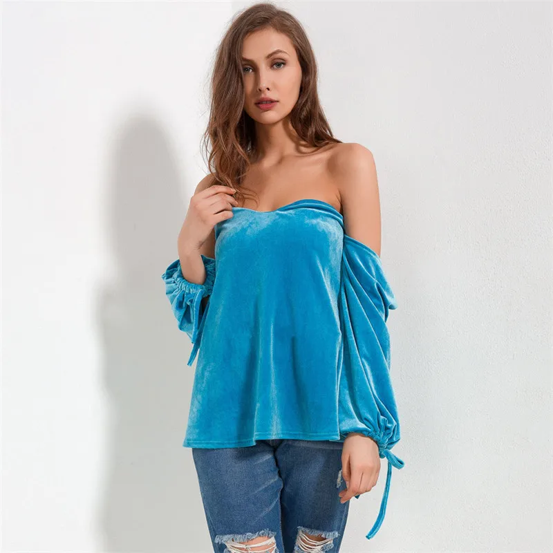 RIISDA Spring off shoulder Velour Crop Top T shirts Lantern long sleeve Solid Color Tops Tee For Women Clothing camisetas mujer (8)