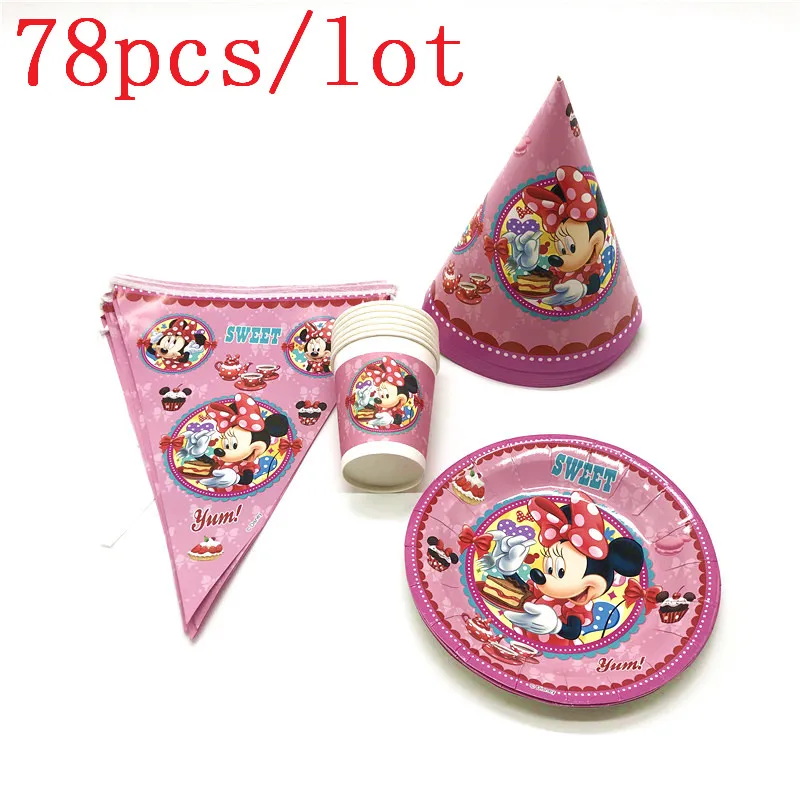

Hot Sale Disney Cartoon Minnie Mouse Paper Cup Plate Girl Birthday Party Banner Family Party Cocked Hats Decoration Supply 78Pcs