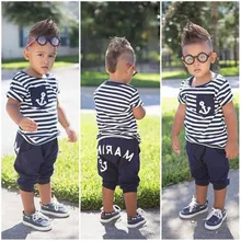 Американские Детские матросские наряды для маленьких мальчиков топы в полоску с якорем+ короткие штаны комплект из 2 предметов, YU, детский хлопковый повседневный комплект с круглым вырезом для мальчиков