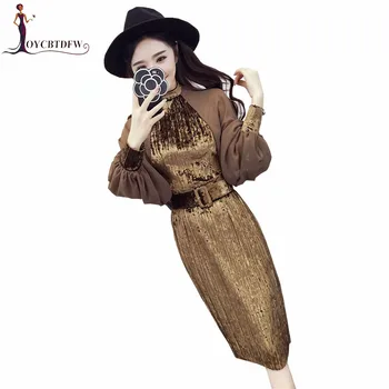 

Dress Women Chiffon Stitching Temperament Mediun long Fashion Dress High waist Long-sleeved Lantern sleeve Female Dress DD858