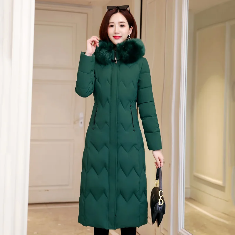 Женская зимняя куртка высокого качества с капюшоном и искусственным мехом, Женская куртка, Длинная тонкая дамская парка, теплая - Цвет: Зеленый