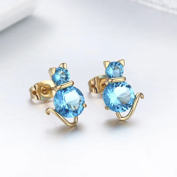 Yellow Gold Color Cute Cat Kitty Clear Zircon Anti-Allergic Piercing Stud Earrings for Women Children Girls Kids Jewelry Aros