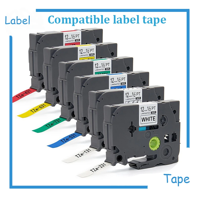 6pk/lot 12mm Compatible Brother Ptouch Laminated Label Tapes Combo Set