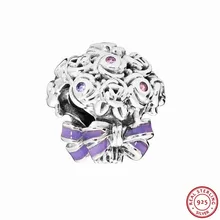 Сиреневый и розовые кристаллы Фиолетовый Эмаль празднование букет бусины для женщин Jewelry DIY Fit PANDORA талисманы Серебро 925 FL753