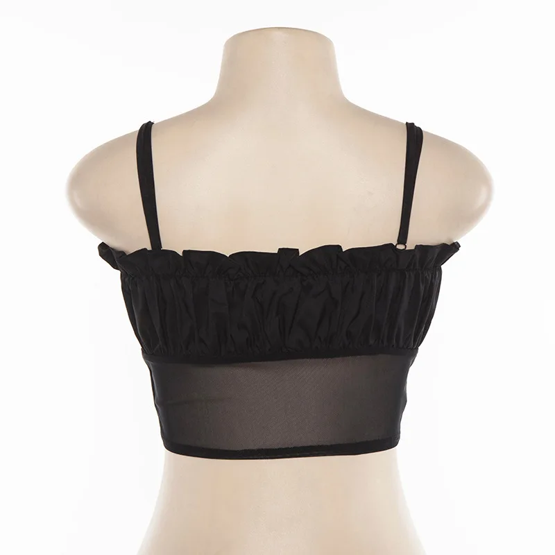 Hugcitar spaghetti straps mesh patchwork ruffles sexy camis 2019 summer women fashion party club streetwear solid crop tops