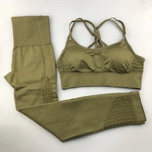 Conjunto de yoga sem costura feminino, roupas fitness, esportivas, leggings para academia, sutiã com bojo, push-up, com tiras, 2 peças ternos ternos