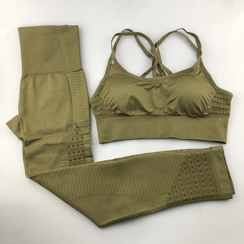 Ceny Bez szwu zestaw do jogi kobiety odzież fitness odzież sportowa kobieta legginsy gimnastyczne wyściełane push up Strappy stanik sportowy 2 szt garnitury sportowe