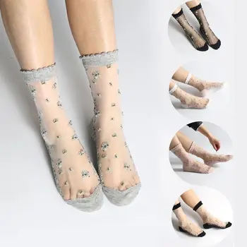 

1 Pair Women Flower Sock Summer Lace Crystal Glass Silk Socks Short Thin Transparent Roses Jacquard Elastic Ultrathin Socks