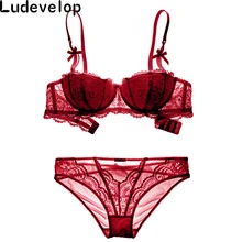 Большие размеры пикантные женские комплект с бюстгальтером Нижнее белье Intimates вышивка кружева половина чашки белье тонкий соблазн Черный и белый цвета бюстгальтер и трусики