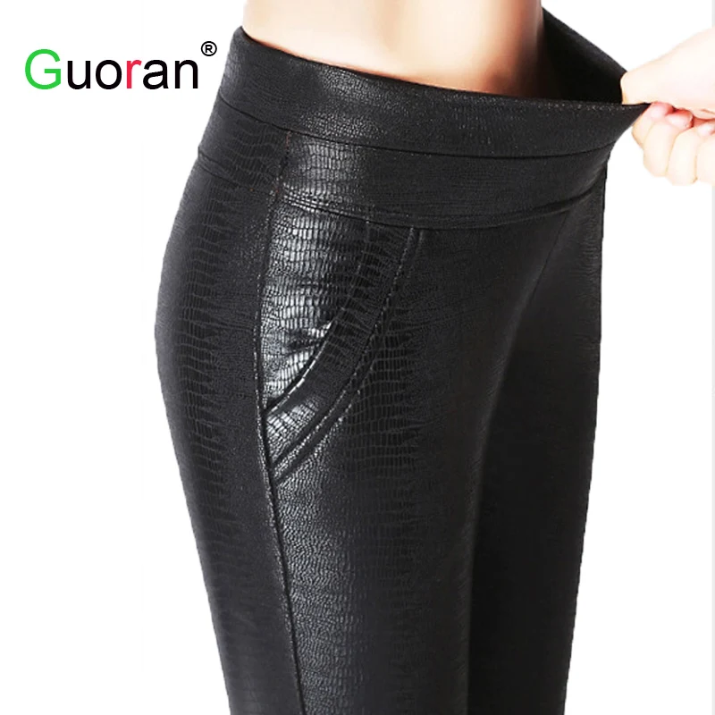 {Guoran} Crocodile Pattern Black High Waist Women Leather Pants Plus Size Stretch PU Leather