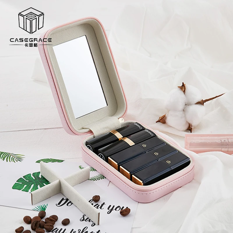 

Casegrace chrismas gift women makeup organizer with mirror zipper pink blue portable lipstick storage boxes organizer 01147
