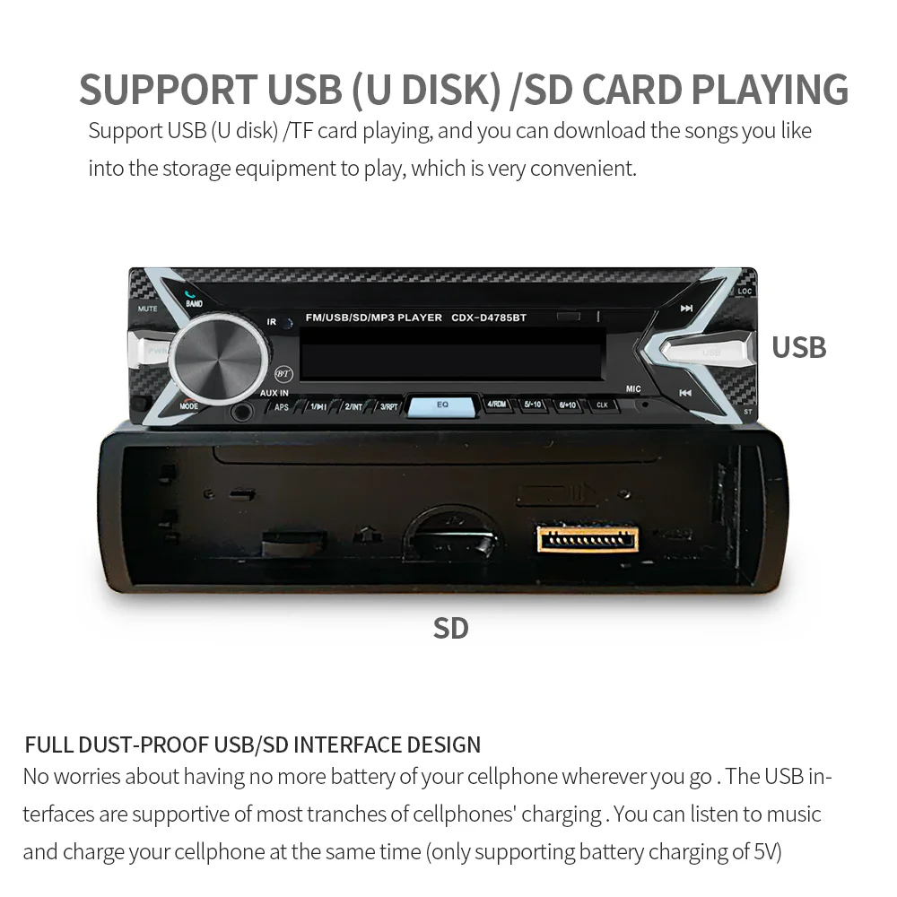 Съемные автомагнитолы MP3 USB Bluetooth Авторадио 1 Din стерео аудио SD FM тюнер высокого Мощность с Беспроводной пульт дистанционного управления