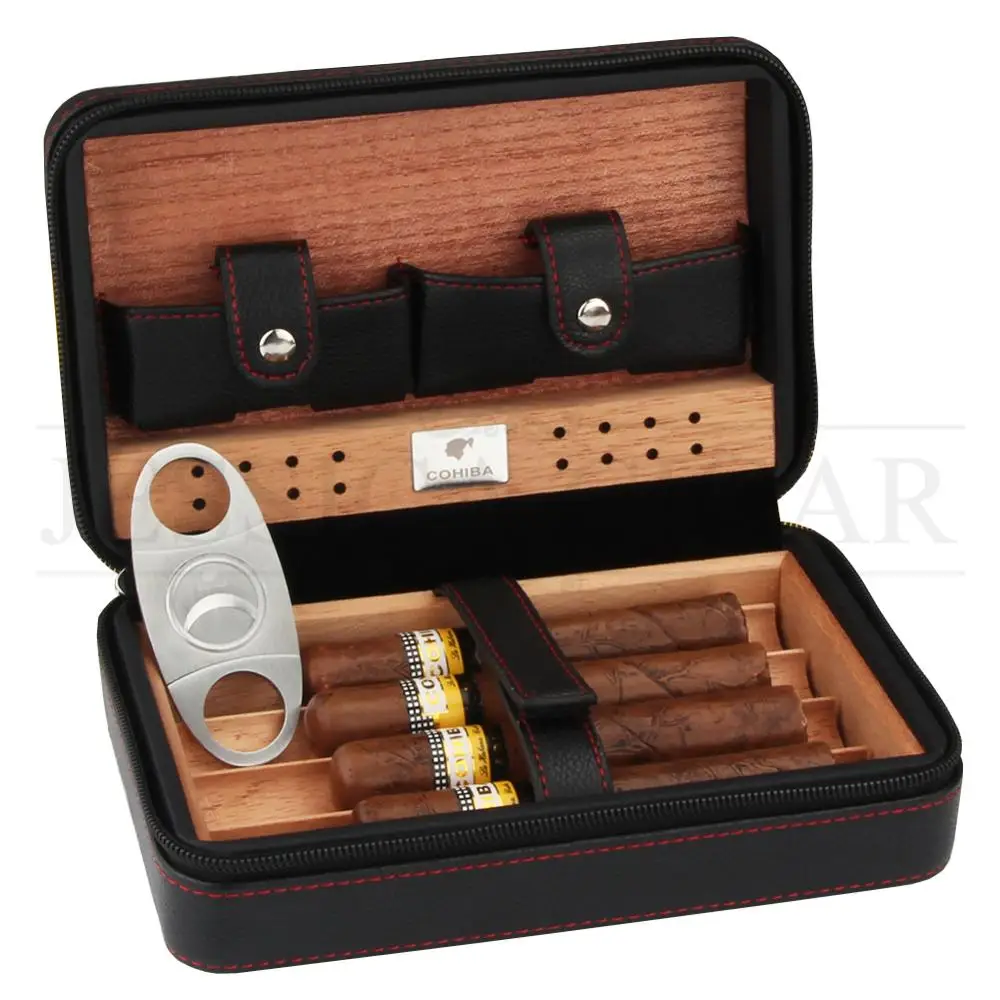 COHIBA Gadgets Leather Travel Cigar Case Portable Humidor Box Cedar