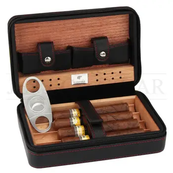 

COHIBA Gadgets Leather Travel Cigar Case Portable Humidor Box Cedar Wood Cigar Humidor Fit 4 Cuba Cigars With Zigarren Cutter