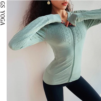 

Autumn Women Sport Jacket Sexy Long Sleeve Seamless Sweatshirt Clothes Breathable Fitness Zipper Thumbhole Jacket sports coat