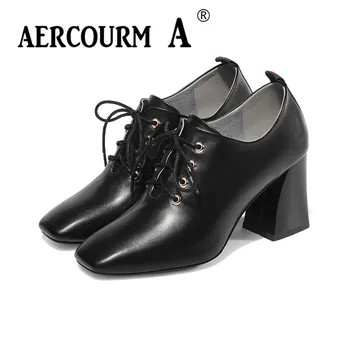 

Aercourm A 2018 Women Cowhide Shoes Ladies Genuine Leather Shoes Square High Heel Pumps Spring Black Brand Lace Thick Heel Shoes