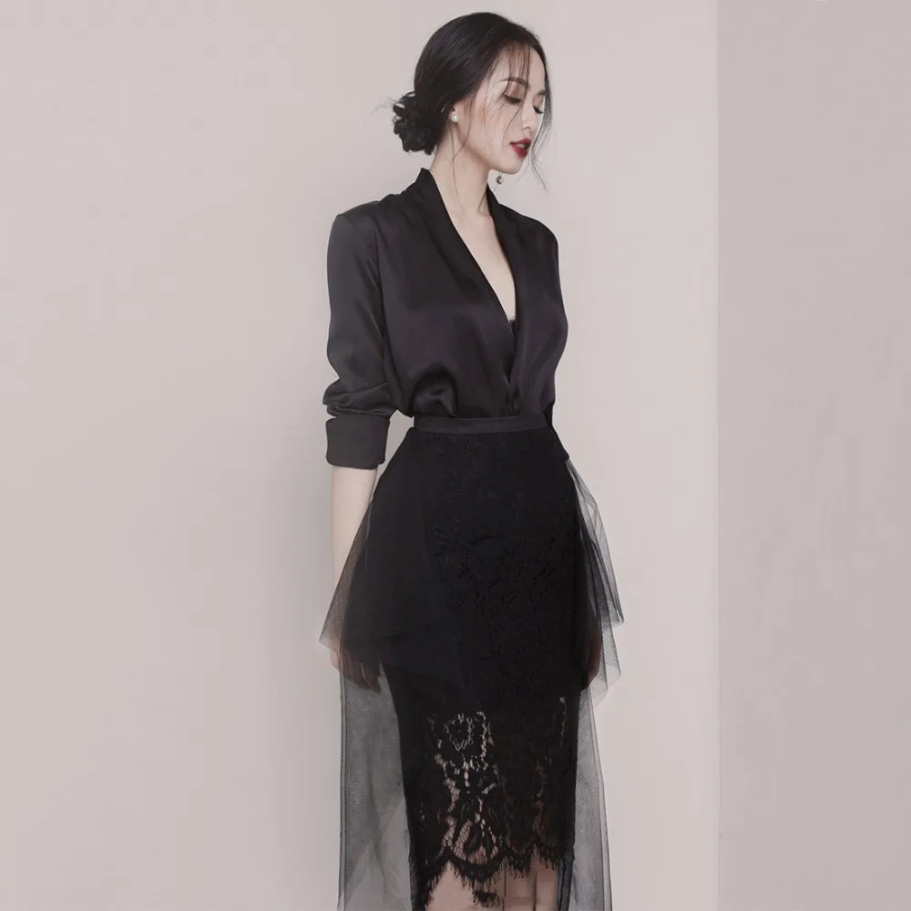 Подиумный Женский комплект из 2 предметов, платье, весенний черный сексуальный блейзер с глубоким v-образным вырезом, длинное пальто+ модная нестандартная кружевная Лоскутная юбка в сеточку, костюмы