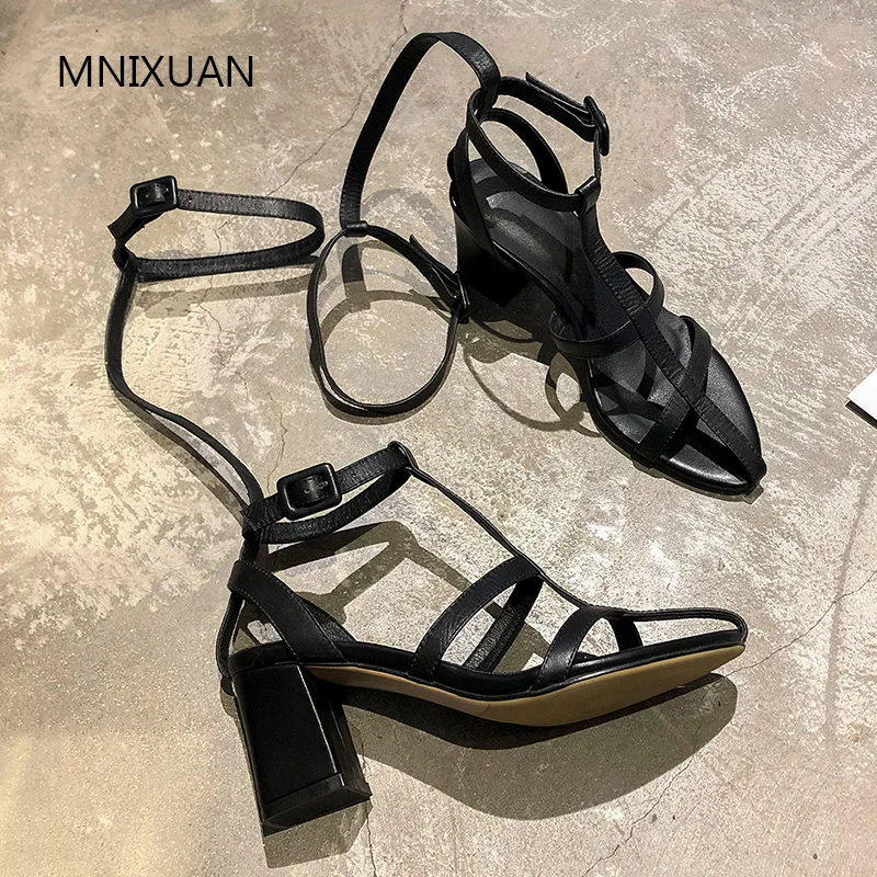 

MNIXUAN Handmade europe punk night club summer women shoes 2019 summer genuine leather gladiator sandals boots thick high heels