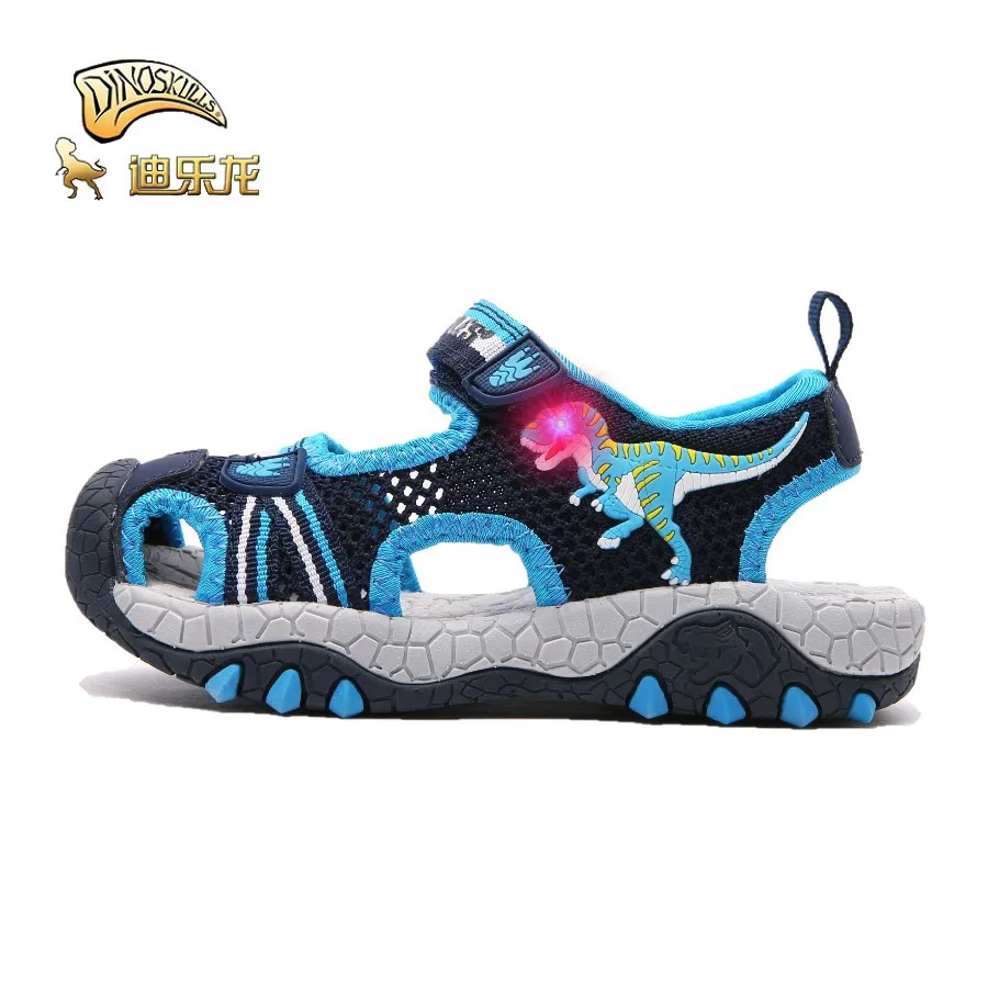 DINOSKULLS/сандалии с динозавром для маленьких мальчиков, светодиодный свет, Т-Рекс, 3-6 лет, Детская летняя резиновая обувь, детские сандалии, дышащие - Цвет: Blue-LED