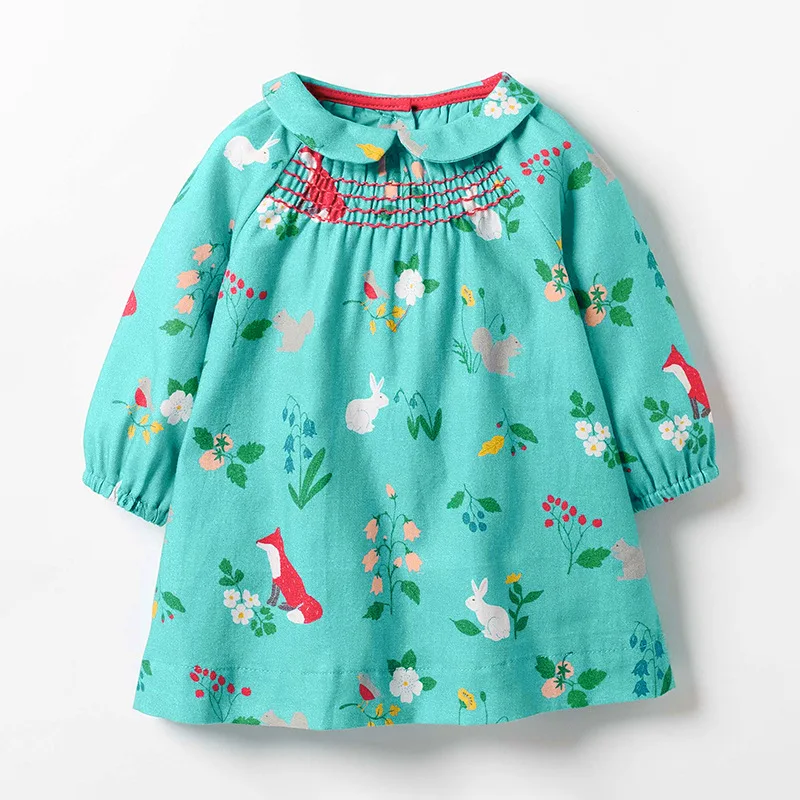 

Little Maven Spring Autumn New Full-Sleeved Peter Pan Fox Rabbit Printed Button Pleat 1-6yrs Woven Cotton Girls Casual Dresses
