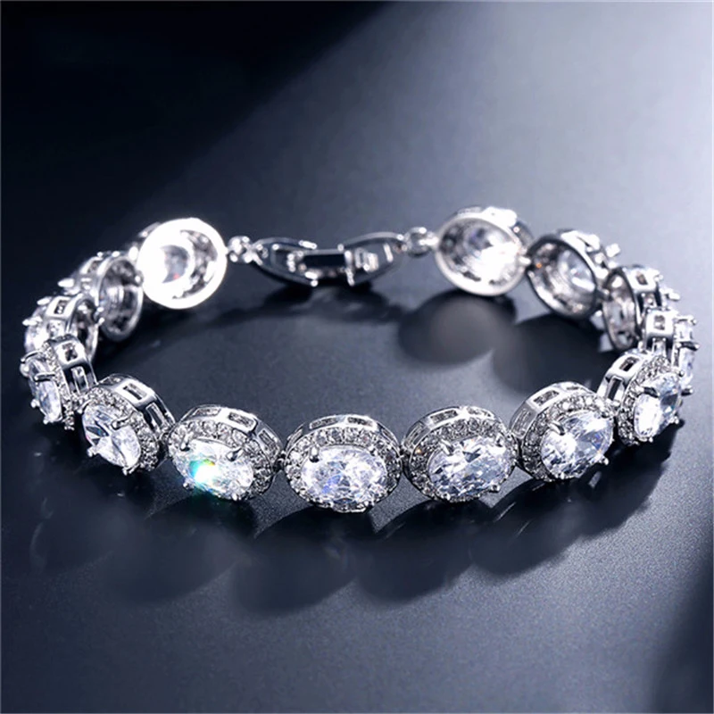 

UILZ Exquisite Oval Cubic Zirconia Chain Bracelets Bangles Vintage White Color Crystal Jewelry for Women Wedding UB126