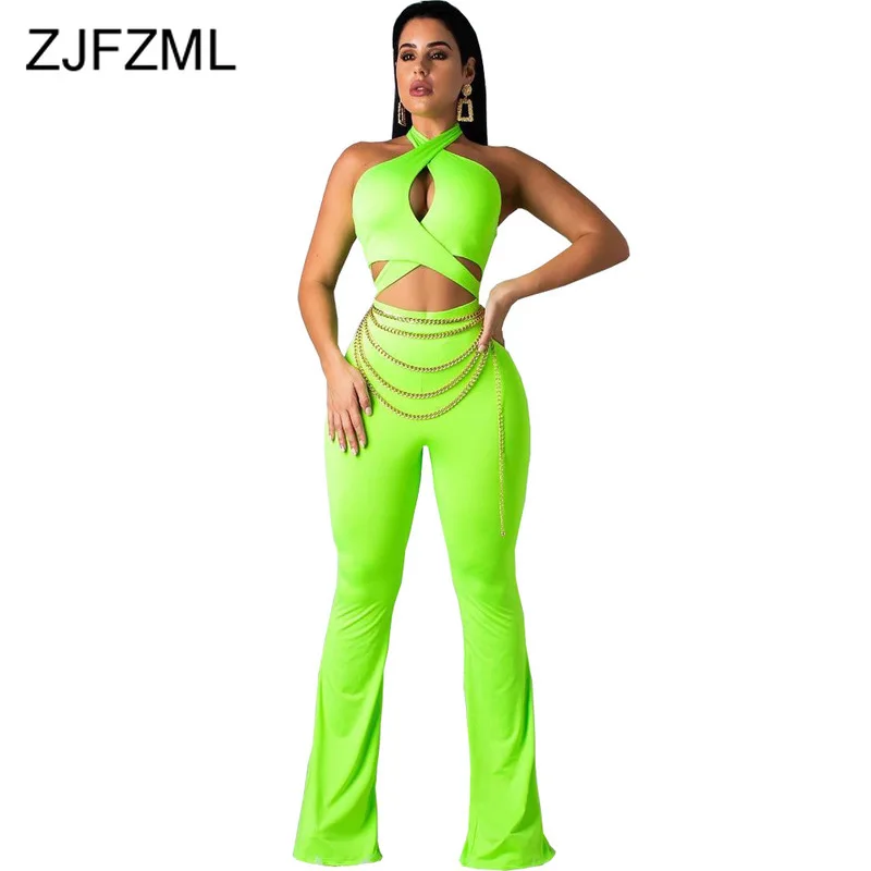 

Waist Band Cut Out Sexy Bodycon Jumpsuits Women Neon Green Halter Backless Party Romper Summer Off Shoulder Sleeveless Bodysuit