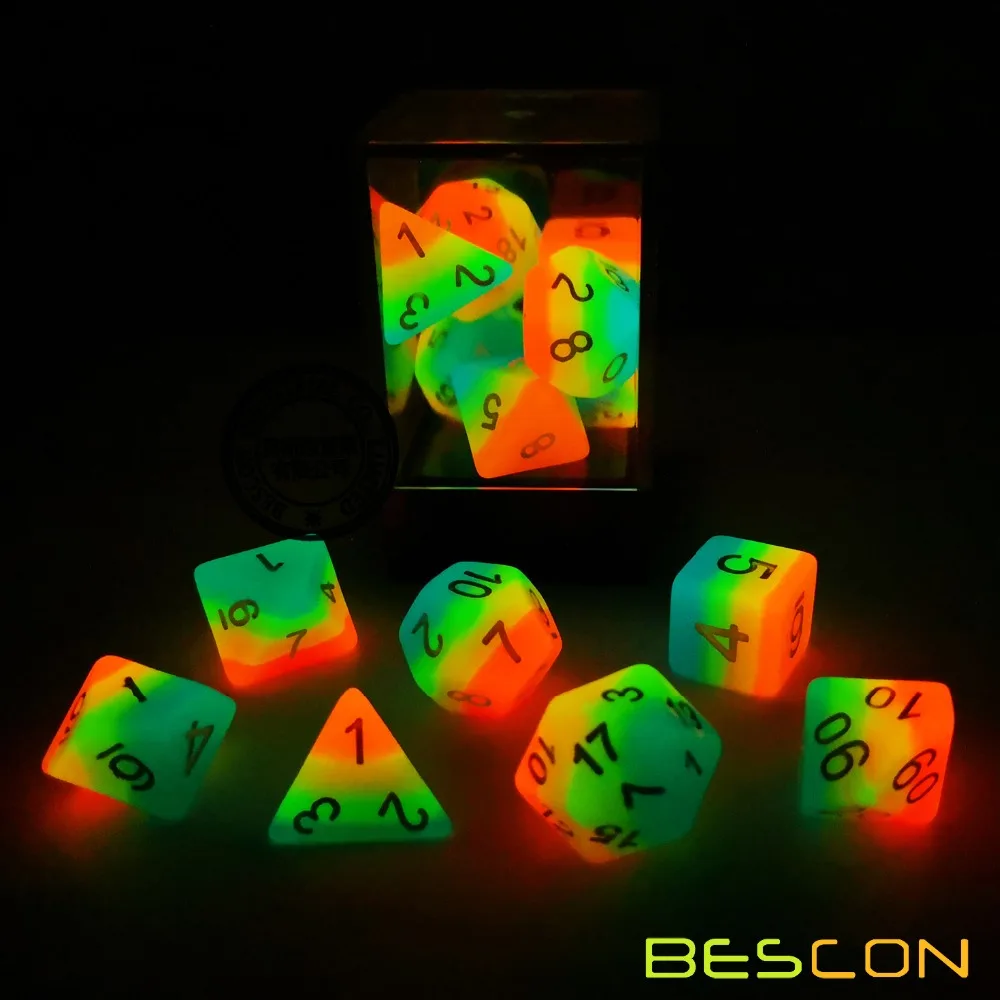 Bescon Fantasy Rainbow Glowing Polyhedral Dice 7pcs Set MIDNIGHT CANDY, Luminous RPG Dice Set Glow in Dark,Novelty DND Game Dice 6