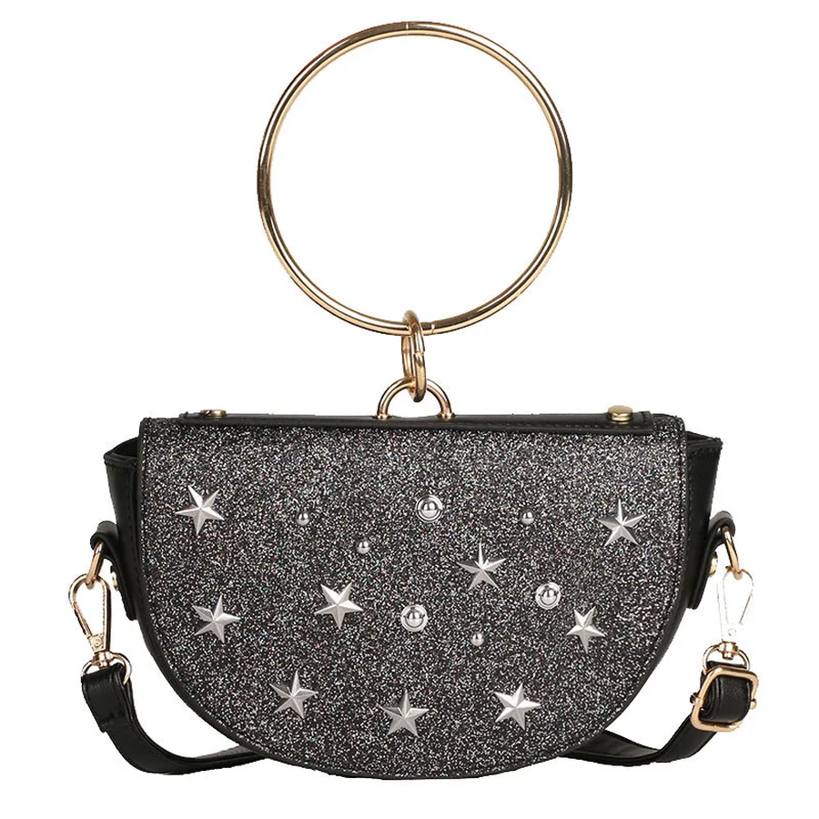 

Fashion Sequin Star Badge Metal Ring Handbags Female Saddle Bag Tote Crossbody Mini Messenger Bag For Women Handbag Ladies Purse
