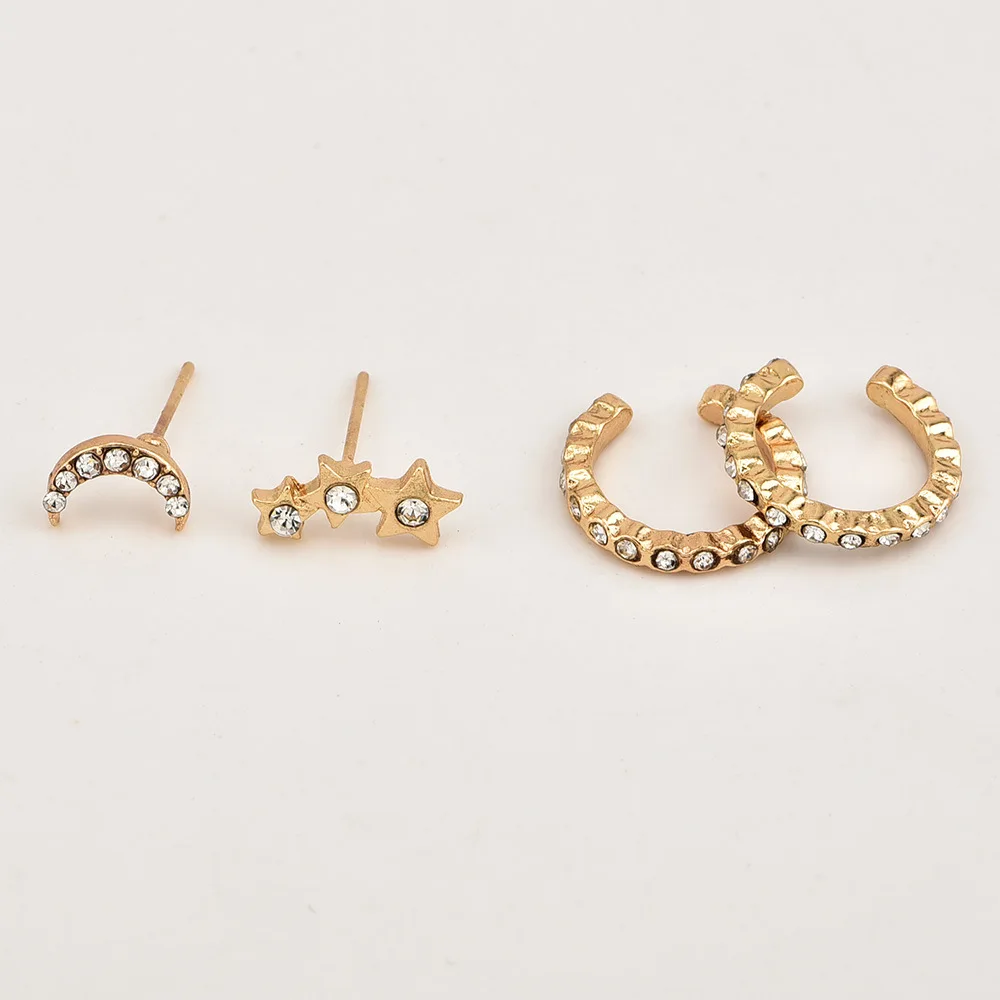 4PCS/Set Trendy Small Round Ear Cuff Earrings for Women GoldStar Moon Rhinestone Clip Earrings Women Elegant Jewelry wholesale