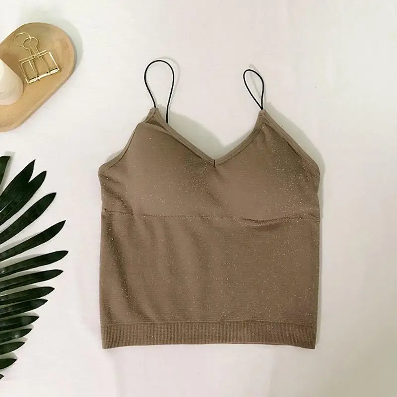 Summer Women Sleeveless Tops Chest Pad Built In Camis Tops Sexy Sequins Slim Streetwear Tanks V-Neck Tops - Цвет: Хаки