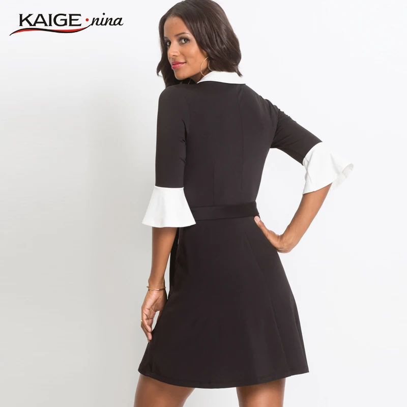 Knit Dress Office Lady Black Cascading Ruffle Bow Notched Flare Butterfly Sleeve Above Knee, Mini Woman casual dress 19090