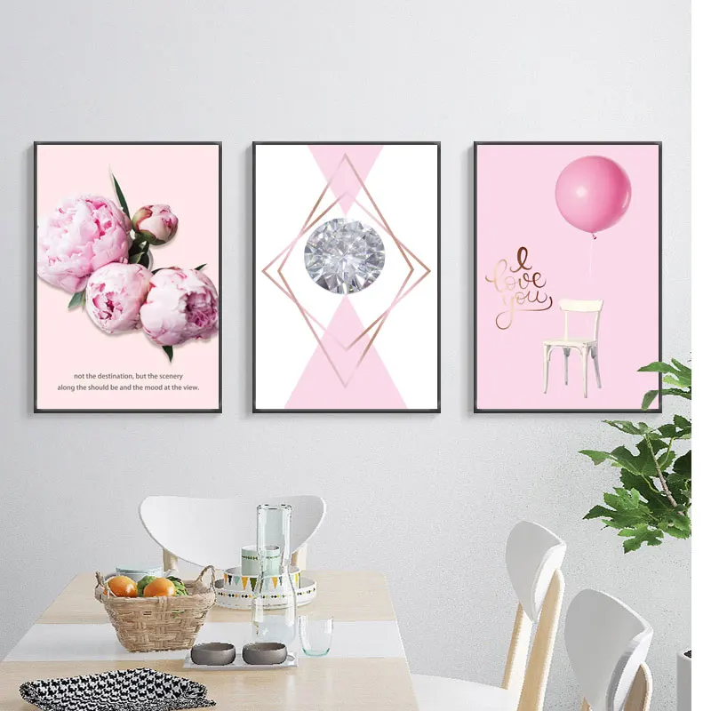 Girls Bedroom Pink Flowers Balloon Canvas Painting Diamond ...