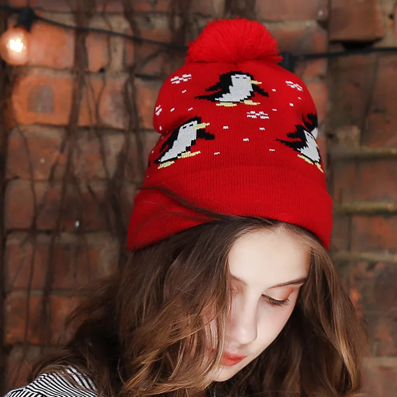 Шапочка для маленьких девочек и взрослых Осень Зима вязаная шляпа теплая животное Пингвин помпон Добби полями лыжный Аксессуар Открытый